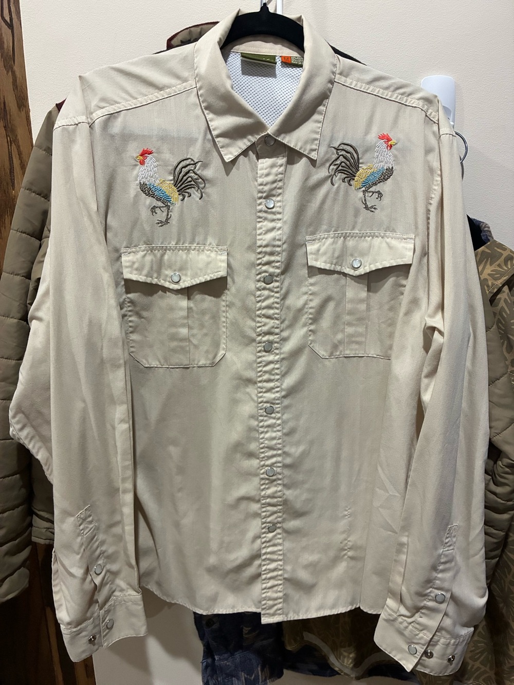 Howler Brothers Cream Button-Down Shirt with Embroidered Roosters